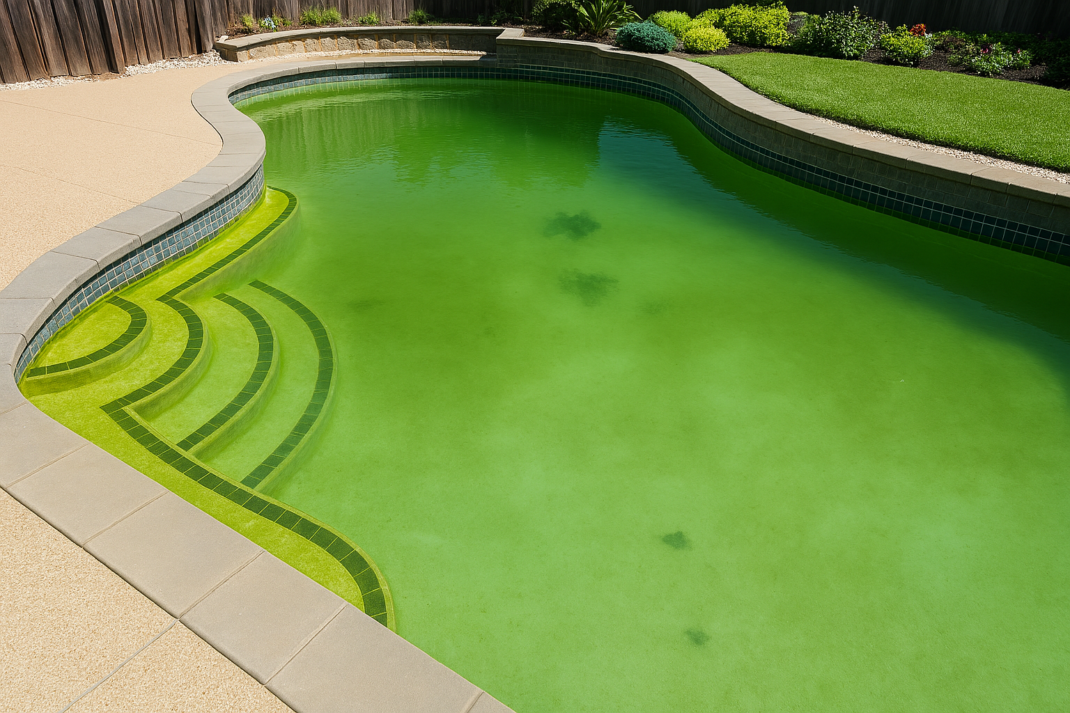 Piscine extérieure dans un jardin avec eau verte